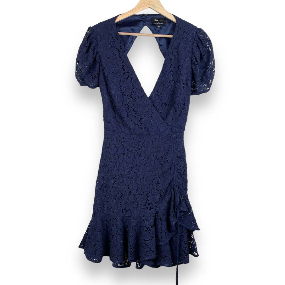 Bardot Lace Tie Back Mini Dress Navy Blue Size L NEW Open Back Coquette Bow